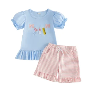 Girls' Ruffle T-Shirt with Striped Shorts Set