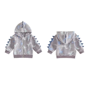 Warm Zipper Fall Dinosaur-Print Hooded Jacket